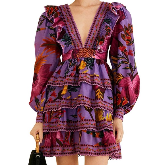 chinese dress ladies Farm Rio Ainika Long Sleeve Tiered Maxi Dress in Graphic Ainika Red at Nordstrom, Size XX-SMALL